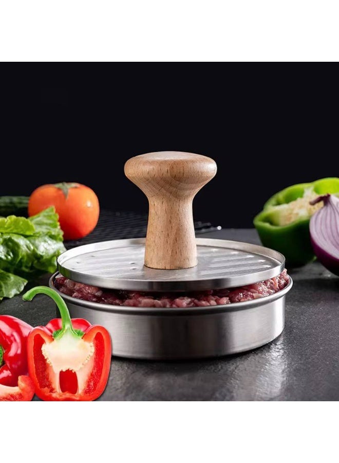 Round Hamburger Press Patty Maker - Non-Stick stainless steel Tool with Wooden Handle for Perfect Burgers - Image 3